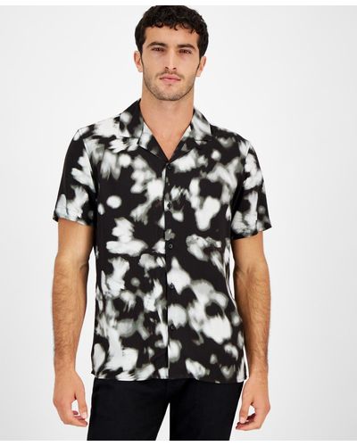 INC International Concepts Ethereal Short Sleeve Button-front Camp Shirt - Black