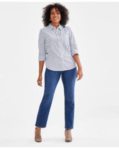 Style & Co. Style Co Cotton Buttoned Up Shirt High Rise Straight Leg Jeans Ankle Booties Bead Earrings Created For Macys - Blue