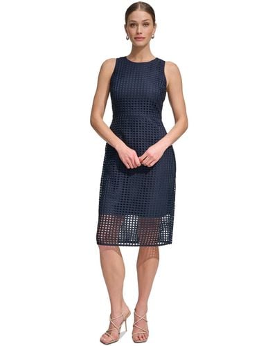 DKNY Sleeveless Grid Lace Sheath Dress - Blue