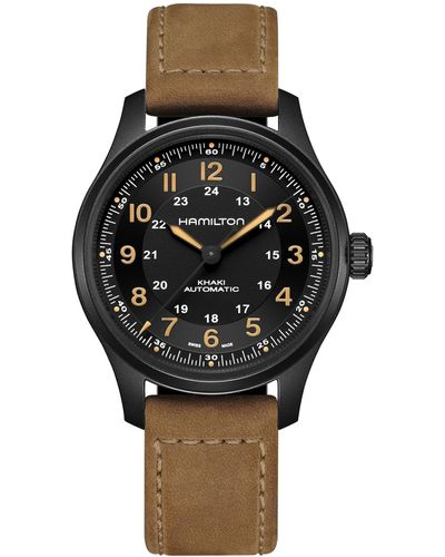 Hamilton Swiss Automatic Khaki Field Brown Leather Strap Watch 42mm - Black