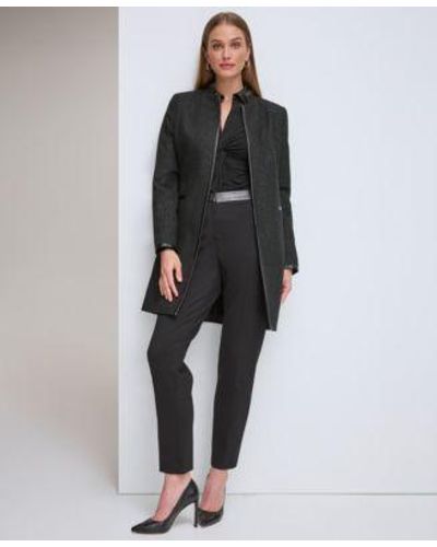 DKNY Lurex Open Front Tweed Jacket Twisted Faux Leather Collar Top Low Rise Faux Leather Trim Ankle Pants - Black