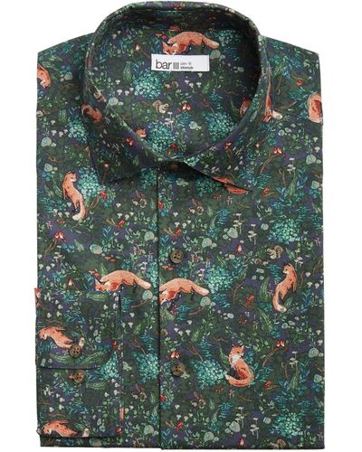 BarIII Organic Cotton Forest Fox-print Slim Fit Dress Shirt, Created For Macy's - Green