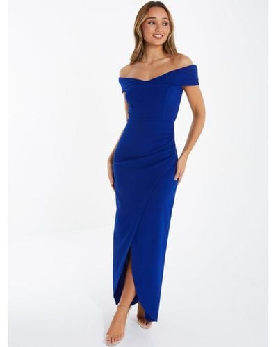 Quiz Scuba Crepe Ruched Bardot Maxi Dress - Blue