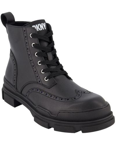 DKNY Perforated Rubber Lug Sole Wingtip Boots - Black
