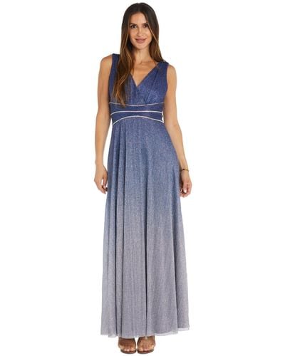R & M Richards Embellished Ombre Metallic Gown - Blue