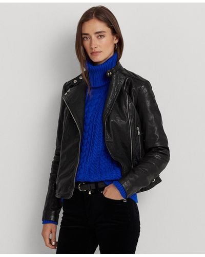 Lauren by Ralph Lauren Tumbled Leather Moto Jacket - Blue