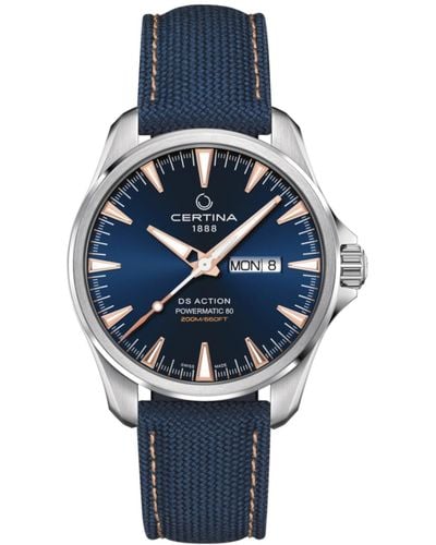 Certina Swiss Automatic Ds Action Day-date Powermatic 80 Blue Synthetic Strap Watch 41mm