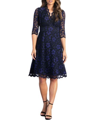 Kiyonna Mon Cherie Floral Lace Cocktail Dress - Blue