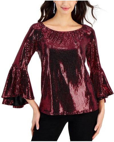 Fever Sequined On & Off The Shoulder Bell Sleeve Top - Red