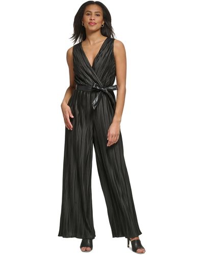 DKNY Pleated Faux-leather V-neck Jumpsuit - Black