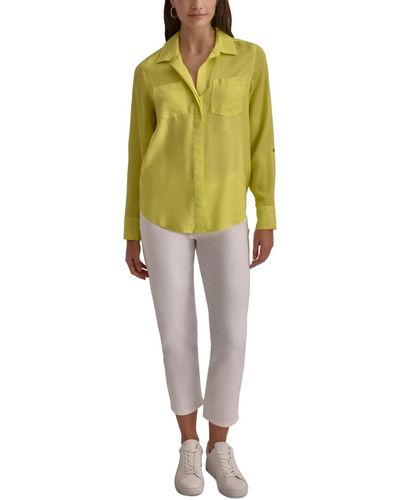 DKNY Roll-tab-sleeve Button-front Top - Yellow