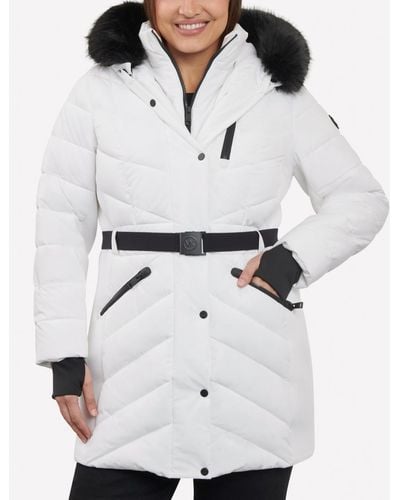 Michael Kors Plus Size Belted Faux-fur-trim Hooded Puffer Coat - White