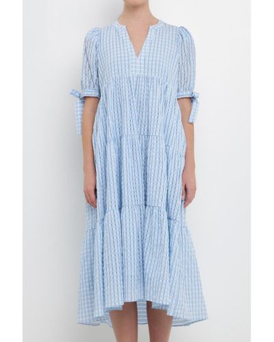 English Factory Gingham Tiered Midi Dress - Blue