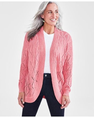 Style & Co. Petite Open-stitch Long-sleeve Cardigan - Pink