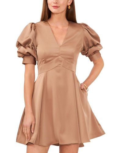 1.STATE V-neck Tiered Bubble Puff Sleeve Mini Dress - Brown