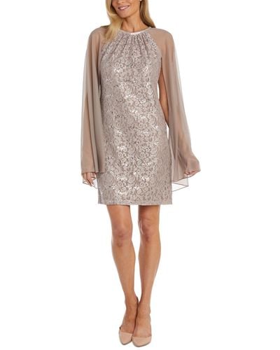 R & M Richards Sequinned Lace Dress With Chiffon Cape - Natural