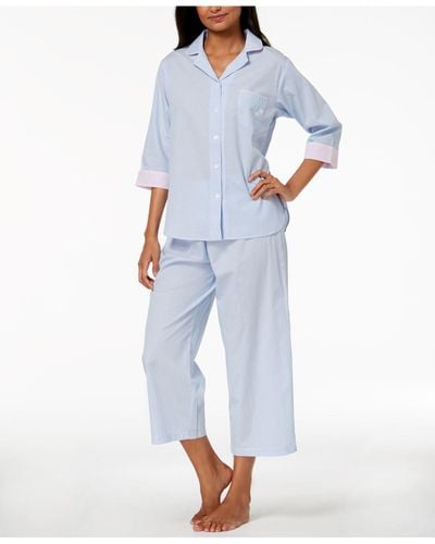 Miss Elaine Striped Cotton Pajama Set - Blue