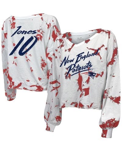 Majestic Threads Mac Jones New England Patriots Off-shoulder Tie-dye Name And Number Cropped Long Sleeve V-neck T-shirt - White