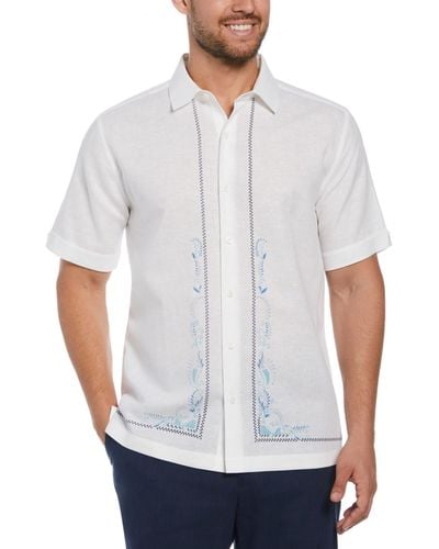 Cubavera Classic Fit Linen Blend Short Sleeve L-shape Embroidery Shirt - White