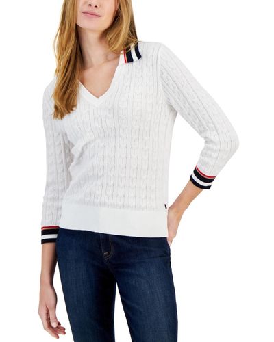 Tommy Hilfiger Cotton Striped-collar Cable-knit Sweater - White