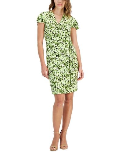 Anne Klein Faux-wrap Flutter-sleeve Floral-print Dress - Green
