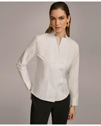 Donna Karan Stand Collar Button Front Cotton Shirt - White