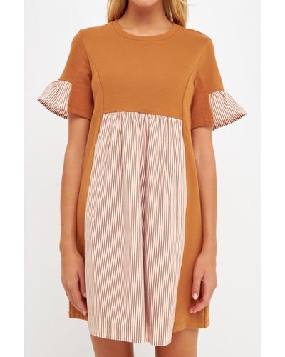 English Factory Knit Stripe Woven Mixed Dress - Orange