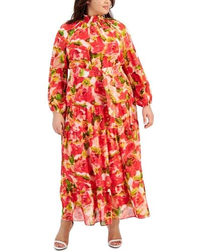 Taylor Plus Size Printed Belted Blouson-sleeve Maxi Dress - Red