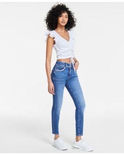 Guess Ruched Ruffle Cap Sleeve Top Rhinestone Trimmed Skinny Ankle Jeans - Blue