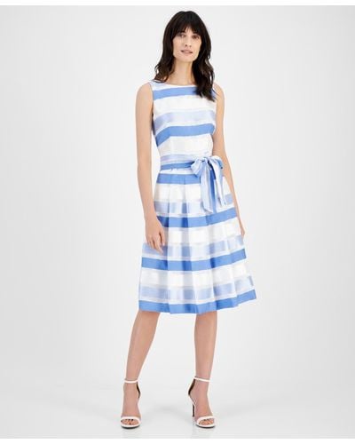 Anne Klein Striped Sleeveless Tie-waist Fit & Flare Dress - Blue