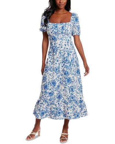 London Times Puff-sleeve Ruched Smocked-back Empire Midi Dress - Blue