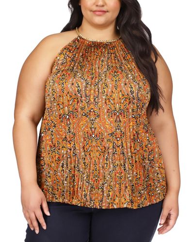 Michael Kors Michael Plus Size Pleated Printed Chain-neck Top - Brown