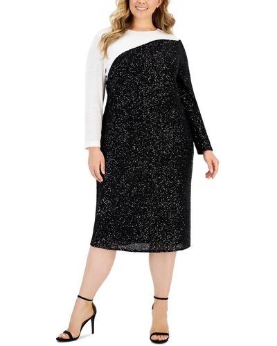 Anne Klein Plus Size Sequined Colorblocked Long-sleeve Dress - Black