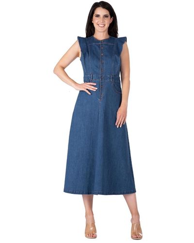Standards & Practices Ruffle Sleeveless A-line Midi Denim Dress - Blue