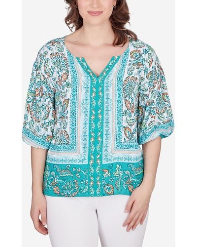 Ruby Rd. Petite Floral Breeze Puff Sleeve Border Top - Blue