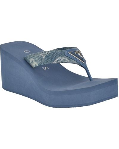 Guess Demmey Logo Thong Square Toe Wedge Sandals - Blue