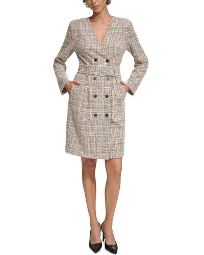 Calvin Klein Tweed Belted Coat Dress - Natural