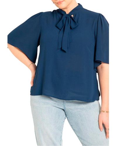 Eloquii Plus Size Bow Blouse With Flutter Sleeve - Blue