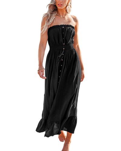 CUPSHE Micro-ruffle Smocked Waist Maxi Tube Beach Dress - Black
