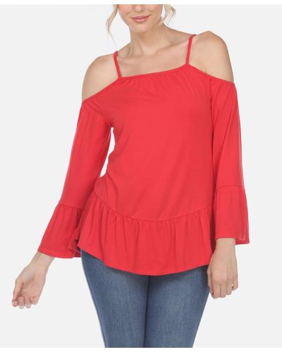 White Mark Cold Shoulder Ruffle Sleeve Top - Red