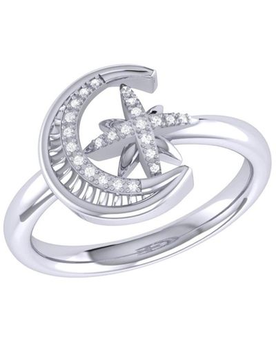 LuvMyJewelry Moon Cradled Star Design Sterling Silver Diamond Ring - White