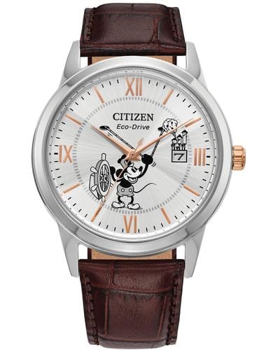 Citizen Eco-drive Steamboat Willie 1928 Brown Leather Strap Watch 40mm - Gray