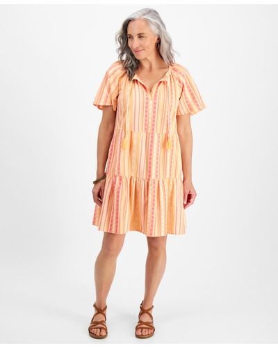 Style & Co. Petite Mountain Stripe Tiered Dress - Orange