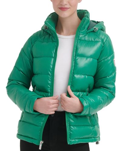 Guess High-shine Hooded Puffer Coat - Green