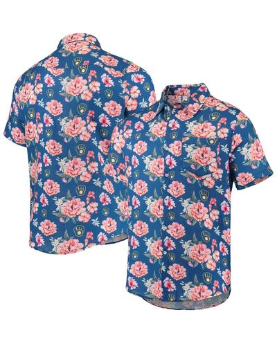 FOCO Milwaukee Brewers Floral Linen Button-up Shirt - Blue
