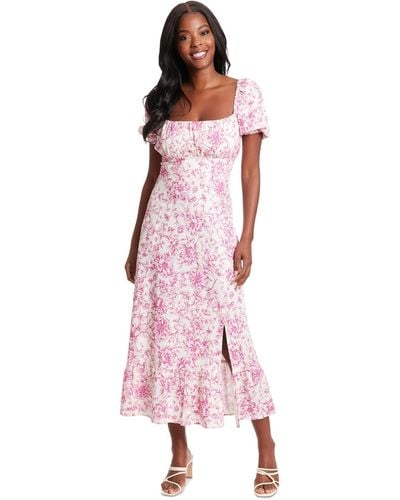 London Times Puff-sleeve Ruched Smocked-back Empire Midi Dress - Pink