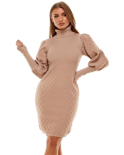 Bebe Puff Sleeve Quilted Sweater Dress - Brown