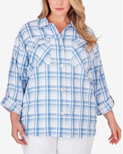 Ruby Rd. Plus Size Button Front Shirt Collar Light Weight Plaid Jacket - Blue