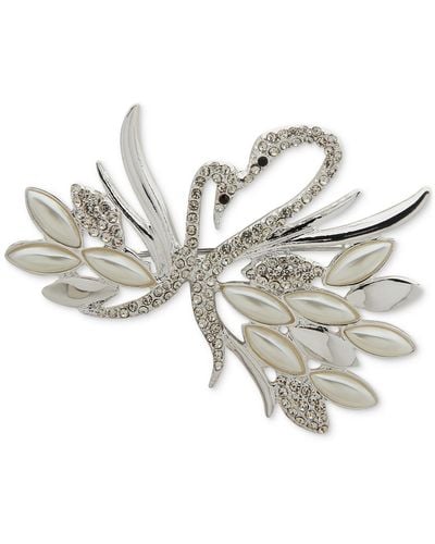 Anne Klein Silver-tone Imitation Pearl Crystal Swan Pin - Metallic