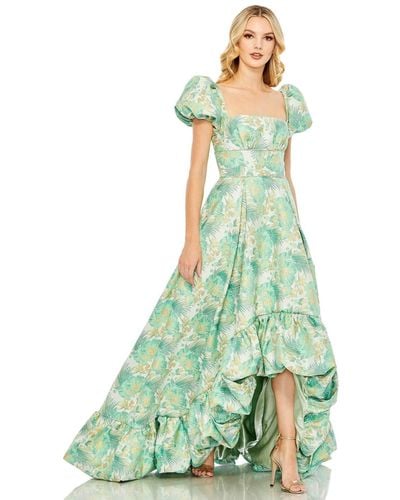 Mac Duggal Floral Print Puff Sleeve Hi-lo Brocade Gown - Green